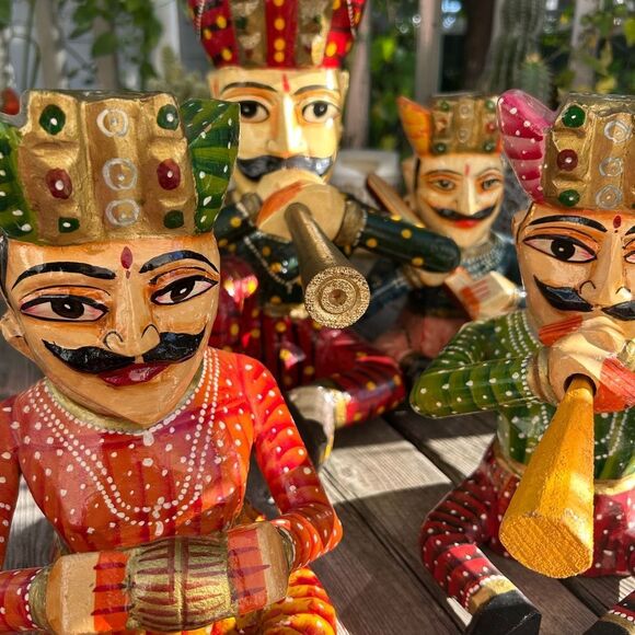 Vintage Set 4- Indian Handicraft Wooden Rajasthan Musicians Folk Art Statues - Picture 5 of 16